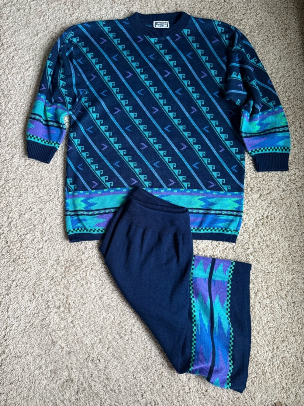 Keneth too! Vintage Geometric Knit Sweater & Skirt Set Navy Teal Purple Size L